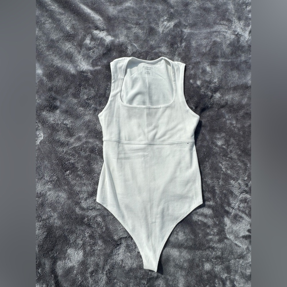 American Eagle White Ribbed Square Neck Bodysuit Size M